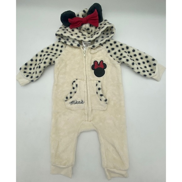 Disney Baby Other - Disney Baby Minnie Mouse Faux Fur Hooded Jumpsuit Polka Dot 3-6M Cream Black
